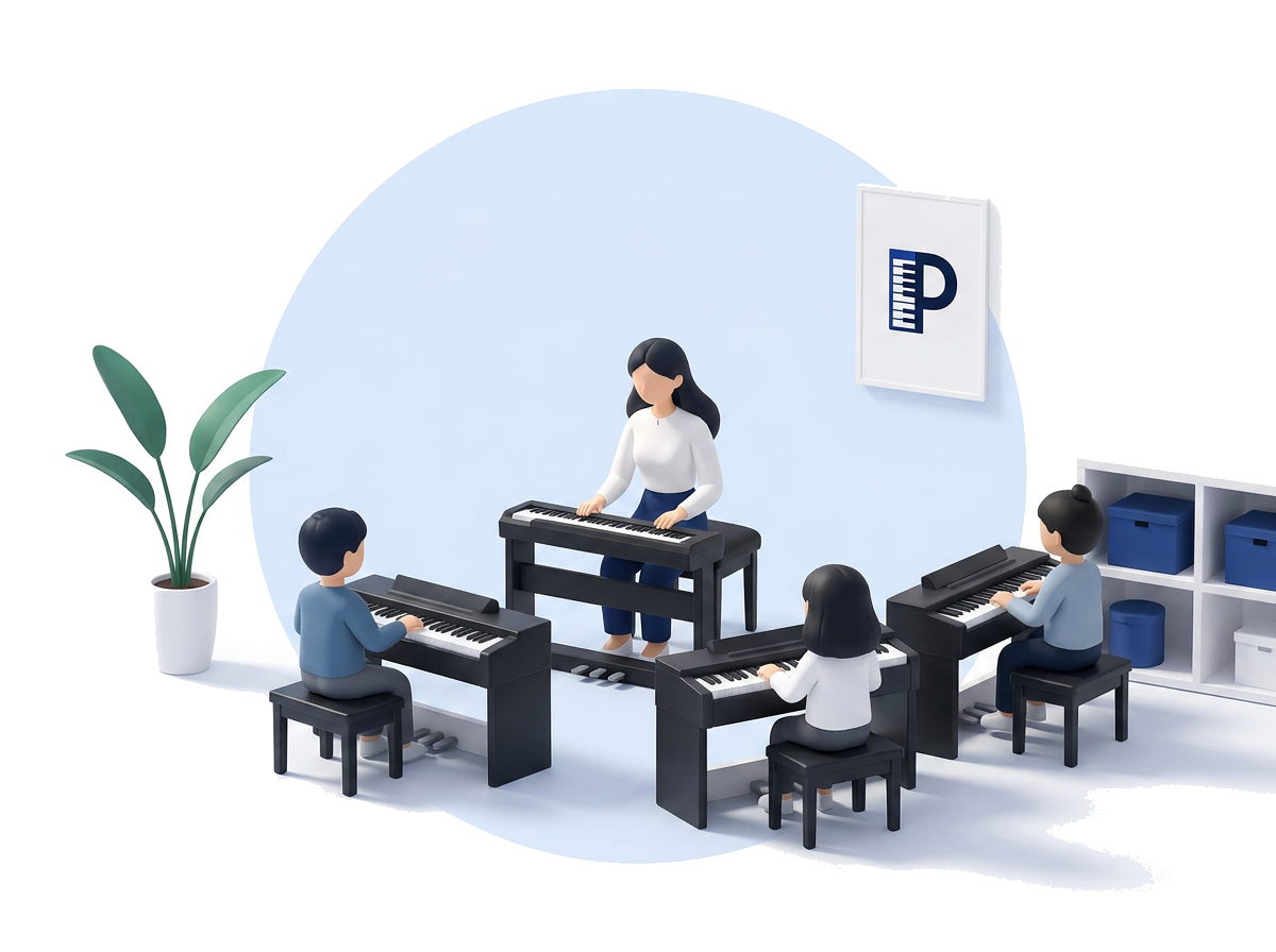 Premium 3D-vector illustration of a Piano Labs small-group lesson
