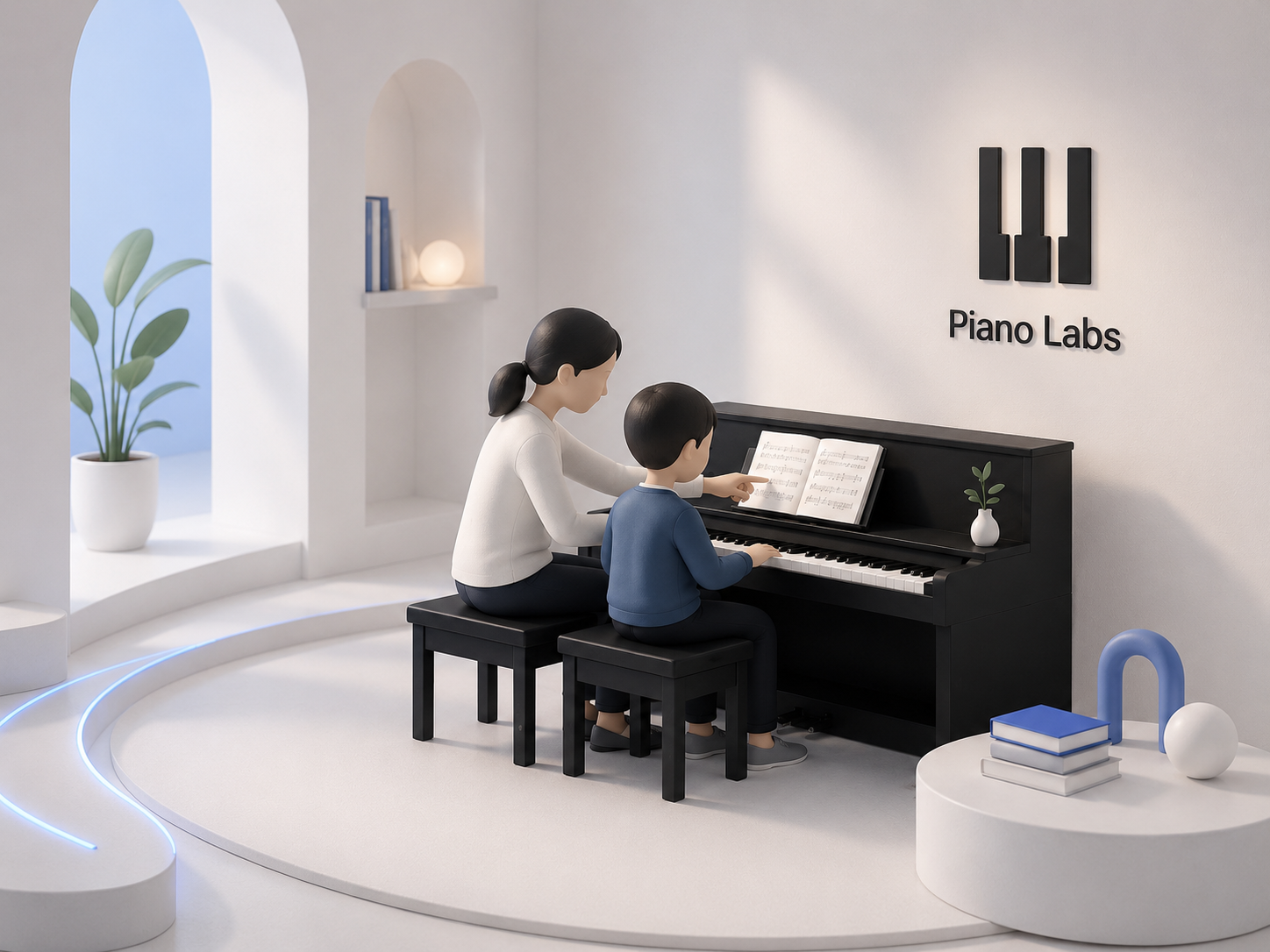 Soft 3D illustration of a teacher guiding a child at an upright piano with Piano Labs wall logo