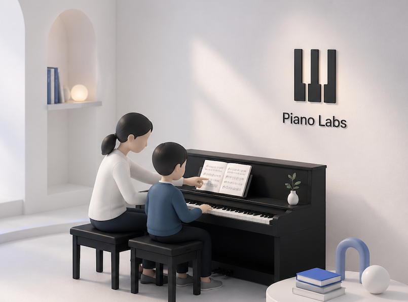 Soft 3D illustration of a teacher guiding a child at an upright piano with Piano Labs wall logo